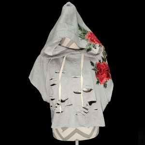 Women's Jella C Cropped Embroidery Patch Distressed Hoodie Gray NWT